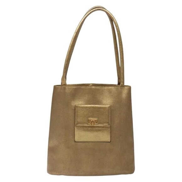 Salvatore Ferragamo Gancini Tote Bag Leather Gold Auth - Picture 2 of 16